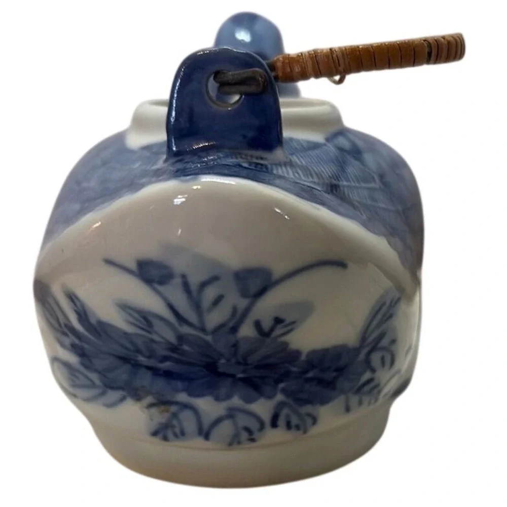 Blue White Porcelain Duck Teapot Hand Painted Chinoiserie Wicker Handle Vintage